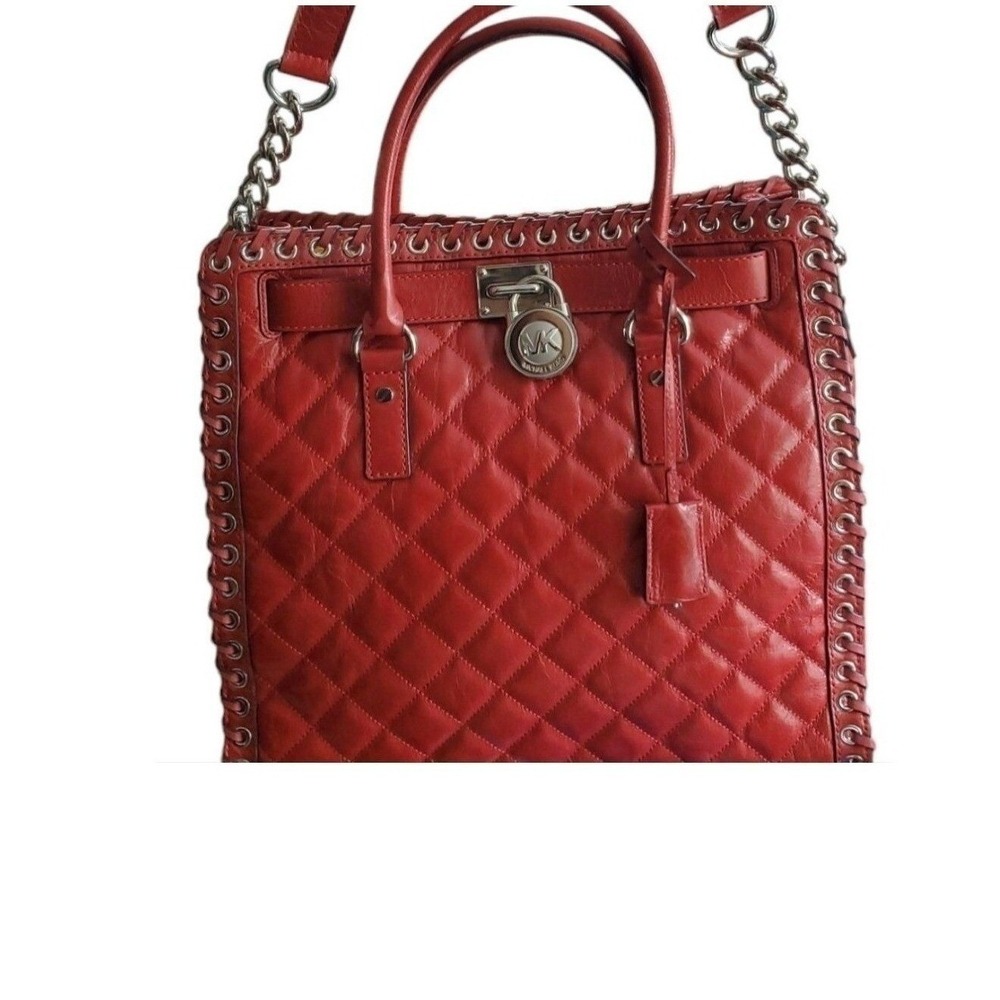 Michael Kors Hamilton Quilted Satchel Shoulder Crossbody Bag Red Leather